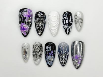 Gothic Violet Chrome Press On Nails | Black Silver Luxury Nails | 3D Baroque Floral Nails | Dark Elegant Nails | JC310HC