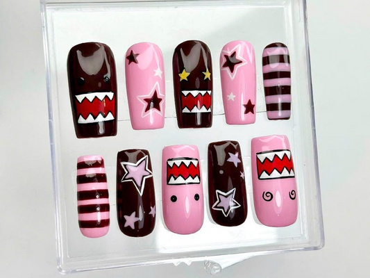 Kawaii Pink Monster Press On Nails | Domo Character Nail Art | Pink & Brown Cartoon Nails | Cute Star Stripes Nails | Handmade Nails|HC970DC