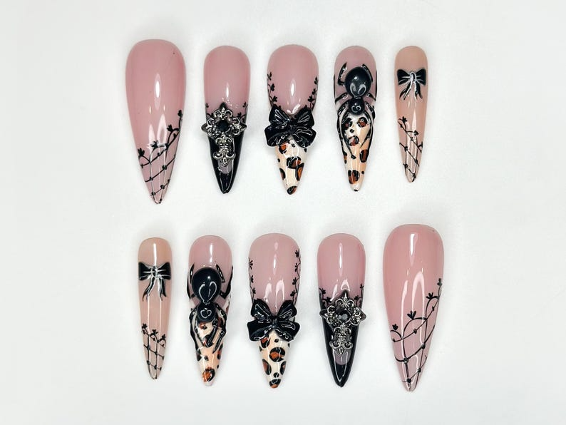 Vintage Halloween Leopard Press On Nails | Gothic Pumpkin & Spider Web Nail Art | Handmade Halloween Nail Set | Gothic Nail Set | JB180HC