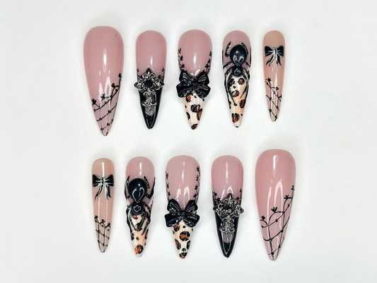 Vintage Halloween Leopard Press On Nails | Gothic Pumpkin & Spider Web Nail Art | Handmade Halloween Nail Set | Gothic Nail Set | JB180HC