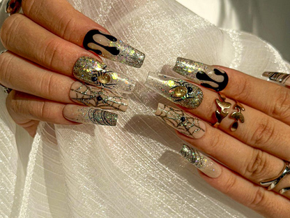 Glitter Web Glam Press On Nails | Sparkling Halloween Spider Nails | 3D Gold Spider & Web Nail Art | Long Coffin Glitter Nails | HB1079EC