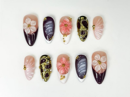 Burgundy Fall Press On Nails | 3D Pink & White Floral Nail Art | Handmade Statement Nail Design | Elegant Glam Press Ons | HC1086HK