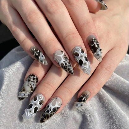 Gothic Smoke Cross Press On Nails | Black White Flame Nails | Silver Cross & Rhinestone Nail Art | Dark Baroque Statement Nails | Long Stiletto Press Ons