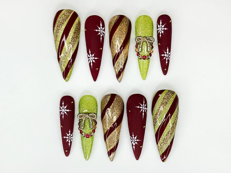 Festive Christmas Press On Nails | Red Gold Snowflake Nails | Festive Holiday Nail Art | Elegant Candy Cane Nail Set | JC247HC