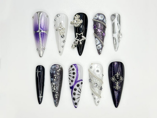 Gothic Violet Star Press On Nails | Dark Galaxy Nail Art | Black Purple Silver Press Ons | Celestial Gothic Nail Set | Cross Chain | JC859HK