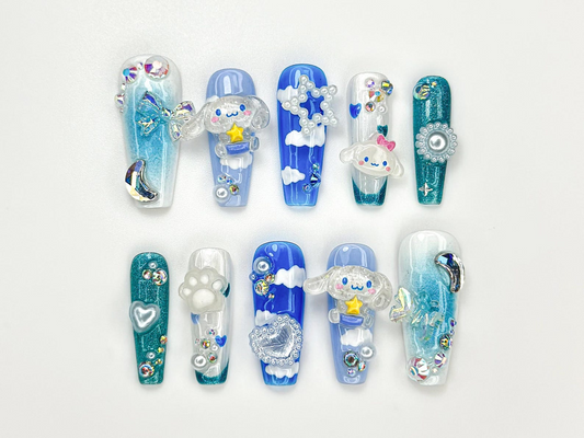 Kawaii Puppy Cloud Press On Nails | Blue Sky Nail Art | 3D Cloud & Star Resin Nails | Dreamy Pup-Inspired Press Ons | Cute Nails| JB925HC