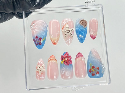 Ocean Shell 3D Press On Nails | Tropical Starfish Fake Nails | Handmade Summer Beach Nail Art |Mermaid Nails |Gift for Beach Lovers |HB840YC