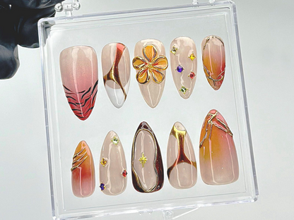 Sunset Gold Press On Nails | Warm Ombre Floral Nail Art | Bronze & Orange Fake Nails | Shiny Sunset Ombre Nail Polish |Classy Nails |HC886YC