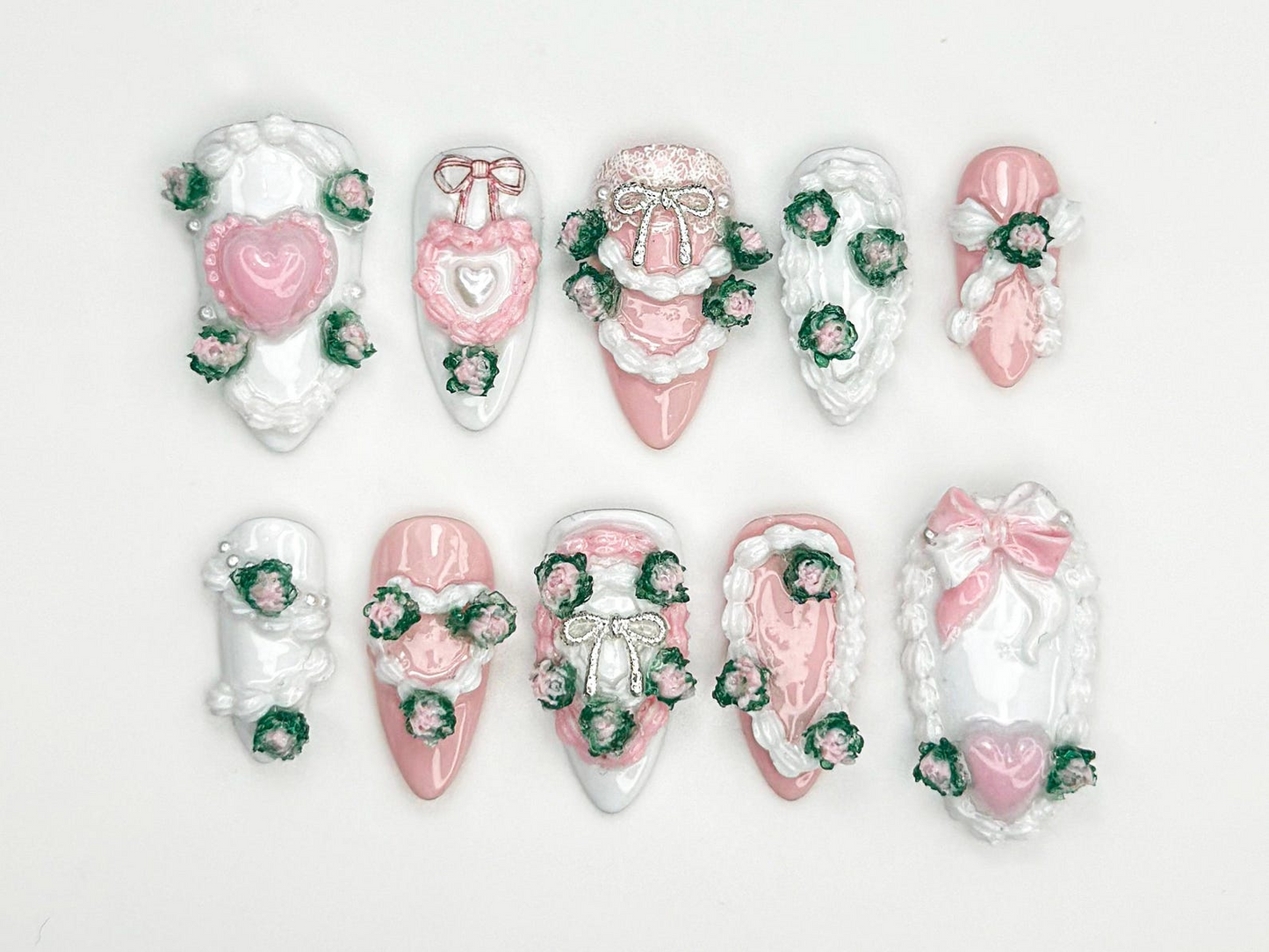 Romance Coquette Pink Press On Nails | 3D Heart Bow Rose Nail Art | Pastel Pink White Cute Nails | Baroque Lolita Press Ons | JB852HC