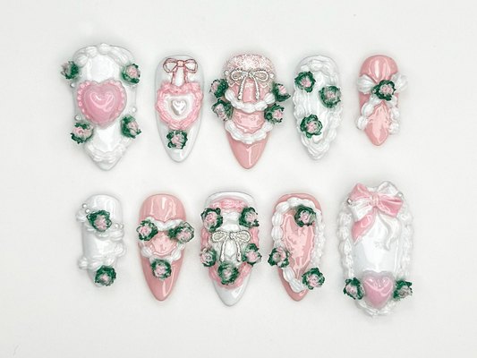 Romance Coquette Pink Press On Nails | 3D Heart Bow Rose Nail Art | Pastel Pink White Cute Nails | Baroque Lolita Press Ons | JB852HC