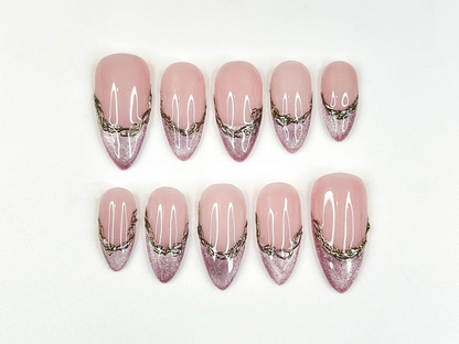 Rose Gold French Press On Nails | Nude Pink Luxury Nails | Gold Chain French Tips | Elegant Minimal Nail Art | Chic Press Ons| JC261HC