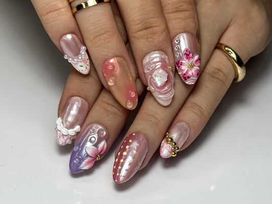 Blush Garden Bloom Press On Nails | Pink Floral Fantasy Nail Art | 3D Sakura & Pearl Accents | Romantic Fairycore Press Ons| HB1060EK