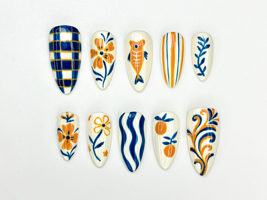 Summer Pottery Press On Nails | Blue Orange Floral Nail Art | Greek Pattern Summer Nails | Hand Painted Ceramic Style Nails | JC910HK