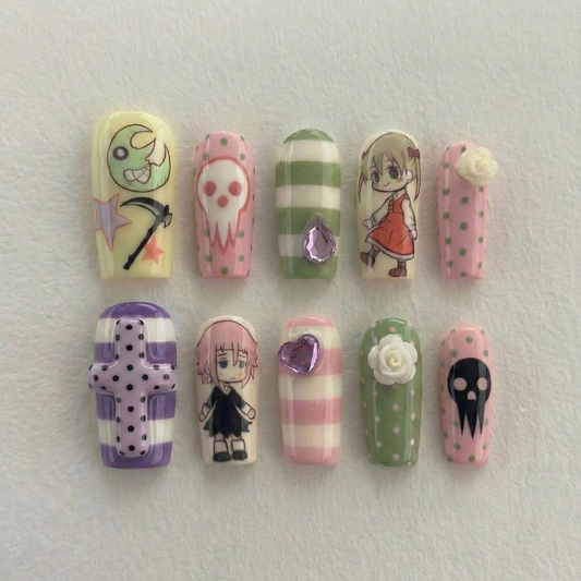 Crona & Maka Anime Press On Nails | Soul Eater Anime Nail Art | Kawaii Horror Nail Design | Long Coffin Statement Nails | JB271H