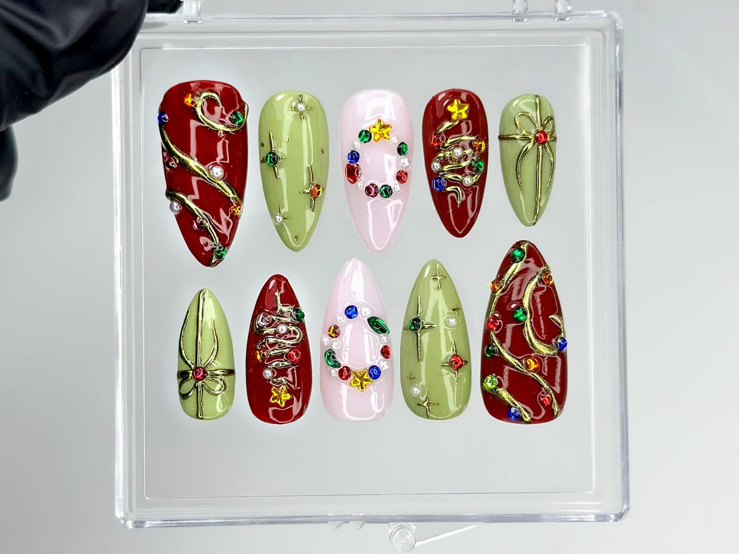 Candy Light Christmas Press On Nails | Red Green Holiday Nail Art | 3D Star & Ornament Nail Art | Festive Winter Nail Set | HB1211EK