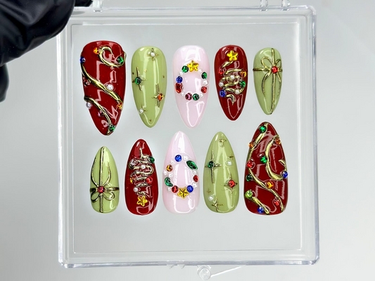 Candy Light Christmas Press On Nails | Red Green Holiday Nail Art | 3D Star & Ornament Nail Art | Festive Winter Nail Set | HB1211EK