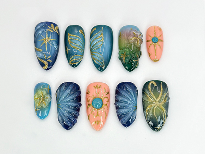 Elegant Chic Butterfly Press On Nails | Celestial Nail with Gold and Blue Accents| Blue and Gold Butterfly Nail Art with 3D Details |JC642HK