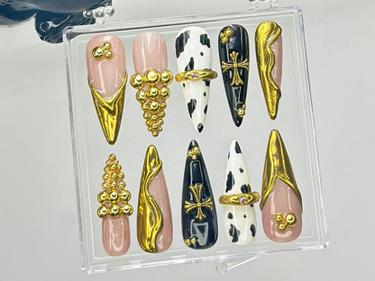 Black & Gold Luxury Press On Nails | Bold Cow Print Fake Nails | Golden Gothic Nail Art | Glam Cow Print, Cross Design Press Ons | HB919YK