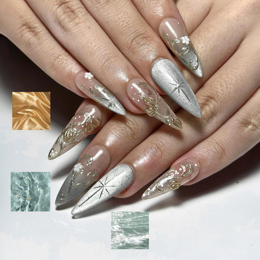 Elegant Ethereal Press On Nails | Silver Cat Eye Luxury Nails | Gold Detail Floral Nails | Green Celestial Starburst Star Nail Art| HC1316IC