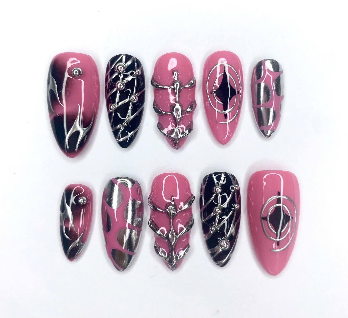 Y2K Cyber Press On Nails | Chrome Silver Pink Nails | Handcrafted Armor Nails | High-Fashion Nail Art | Futuristic Nail Set
