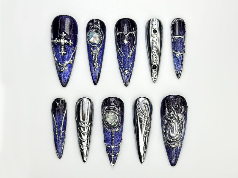 Chrome Purple Press On Nails | Midnight Cross Galaxy Nails | Gothic Celestial Nail Art | 3D Moonstone Nail Design | Mystical Nails | JC862H