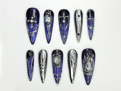 Chrome Purple Press On Nails | Midnight Cross Galaxy Nails | Gothic Celestial Nail Art | 3D Moonstone Nail Design | Mystical Nails | JC862H