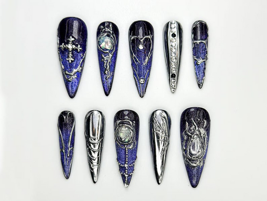 Chrome Purple Press On Nails | Midnight Cross Galaxy Nails | Gothic Celestial Nail Art | 3D Moonstone Nail Design | Mystical Nails | JC862H