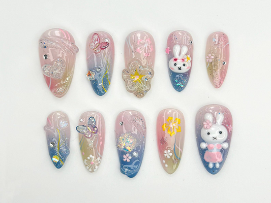 3D Bunny Pastel Press On Nails | 3D Rabbit & Butterfly Nail Art | Sparkly Cute Floral Nails | Ombre Pink Blue Press Ons | JC851HC