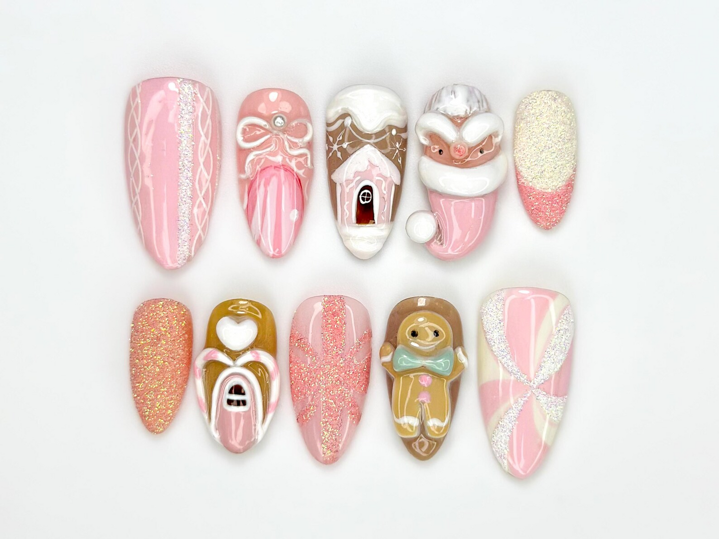 Pink Gingerbread Christmas Press On Nails | Festive Holiday Nail Art | 3D Santa & Candy Cane Nail Set | Handmade Pink Winter Nails|JB225EG