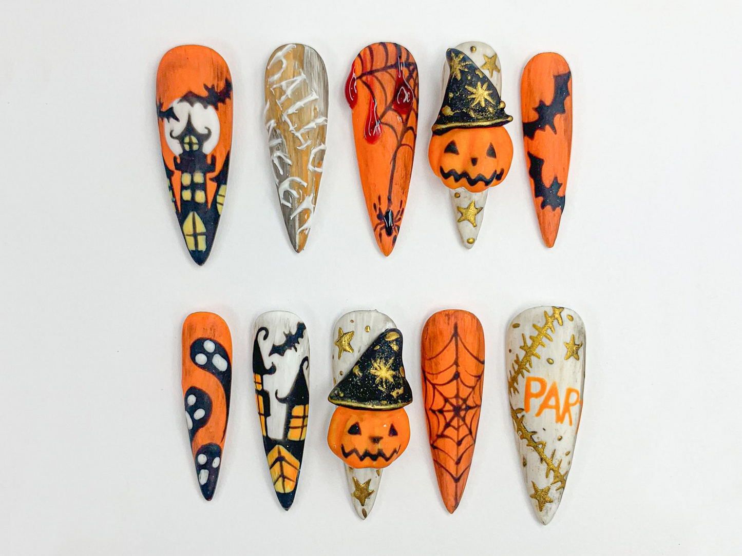 Combo Spooky Halloween Press On Nails | 3D Haunted House Nail Art | Pumpkin, Ghost & Skull Nails | Handmade Creepy Cute Nail Set | Bestseller Halloween Nails