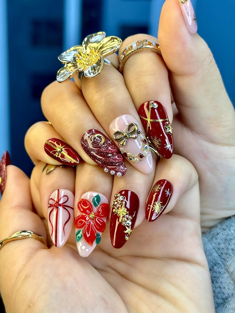 Floral Christmas Press On Nails | Red Gift Bow Nails | Luxury Winter Nail Art | Red Gold Holiday Nail Set | JB213EK