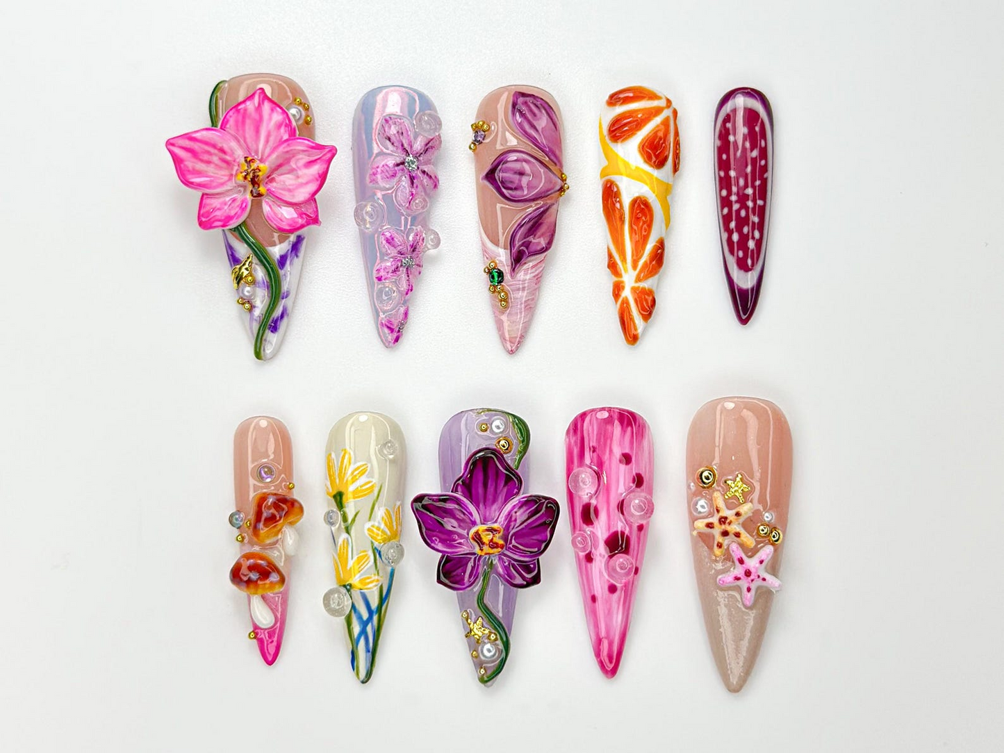 Summer Press On Nails Tropical Bloom | 3D Orchid & Fruit Nail Art | Colorful Summer Flower Design | Handmade Nature Nails | JB983HC