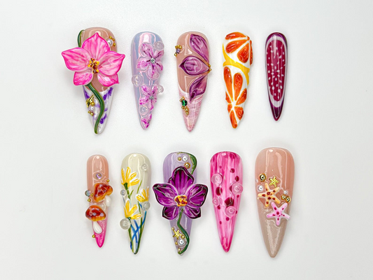 Summer Press On Nails Tropical Bloom | 3D Orchid & Fruit Nail Art | Colorful Summer Flower Design | Handmade Nature Nails | JB983HC