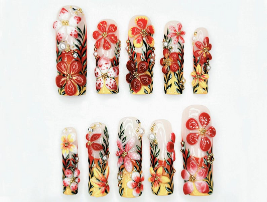 Tropical Bloom Garden Press On Nails | 3D Floral Art Nail Set | Handpainted Exotic Flower Nails | Summer Paradise Tips | JA946EC