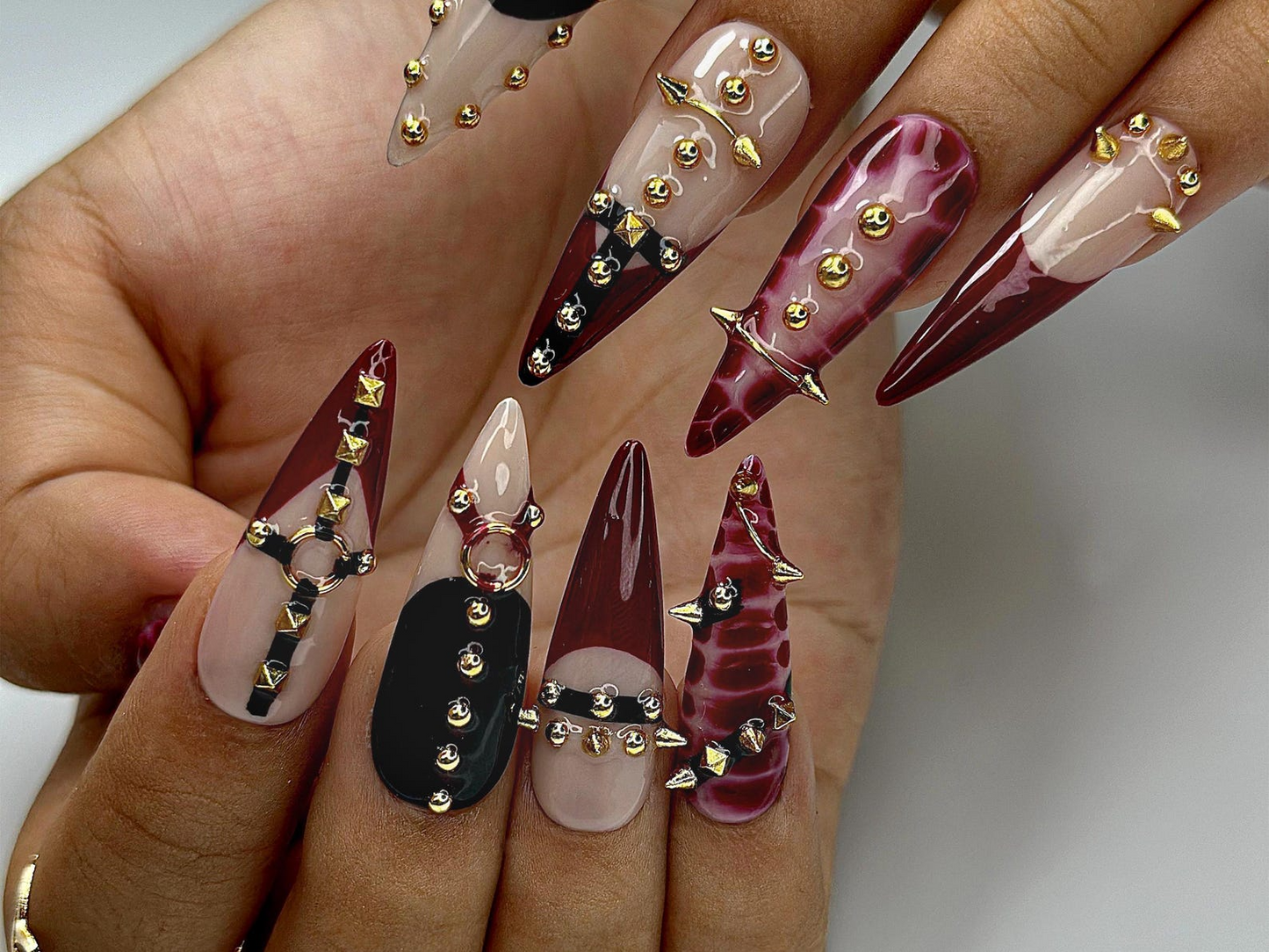 Gothic Punk Press On Nails | Red Marble & Studded Spiked Nail Art | Handmade Long Stiletto Nails | HC993EP