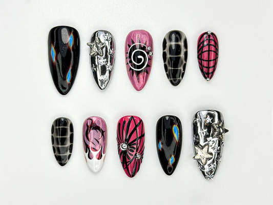 Y2K Black Pink Press On Nails | Silver Star Chrome Nails | Alt Fire Flame Design | Cyber Gothic Press Ons | Gothic Glam Nail Set | JC888H