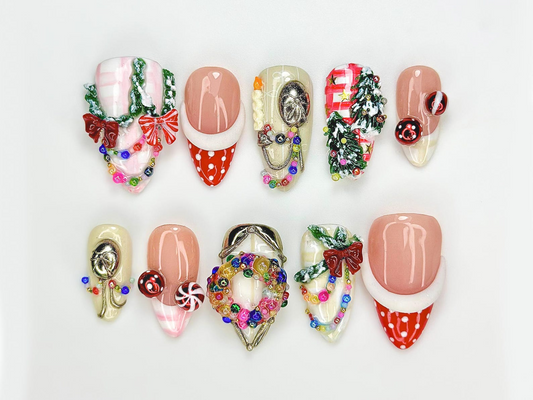 Merry Knit Christmas Press On Nails | 3D Bow Christmas Nail Art | Green Red Holiday Press Ons | Festive Handmade Set | JB220EC