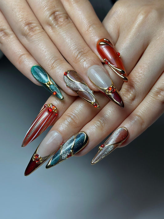 Chrome Glam Press On Nails | Red Green Gold Luxury Nails | Festive Glitter Stiletto Nails | Handmade Elegant Press Ons | DC1047HC