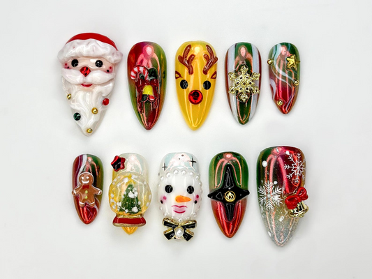 Santa & Snowman Christmas Press On Nails | Christmas Magic Nail Art | Christmas Character Nails |Festive Red-Green Glitter Press Ons|JB238EC