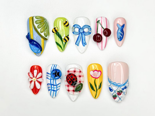 Garden Picnic Summer Press On Nails | 3D Cherry, Bee & Flower Nail Art | Summer Cottagecore Nails | Cute Colorful Press Ons | JB896HC