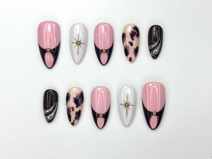 Pink Noir Star Press On Nails | Chic French Tip Nail Art | Leopard Accent Nails | Elegant Handmade Nail Set | JC1120BC