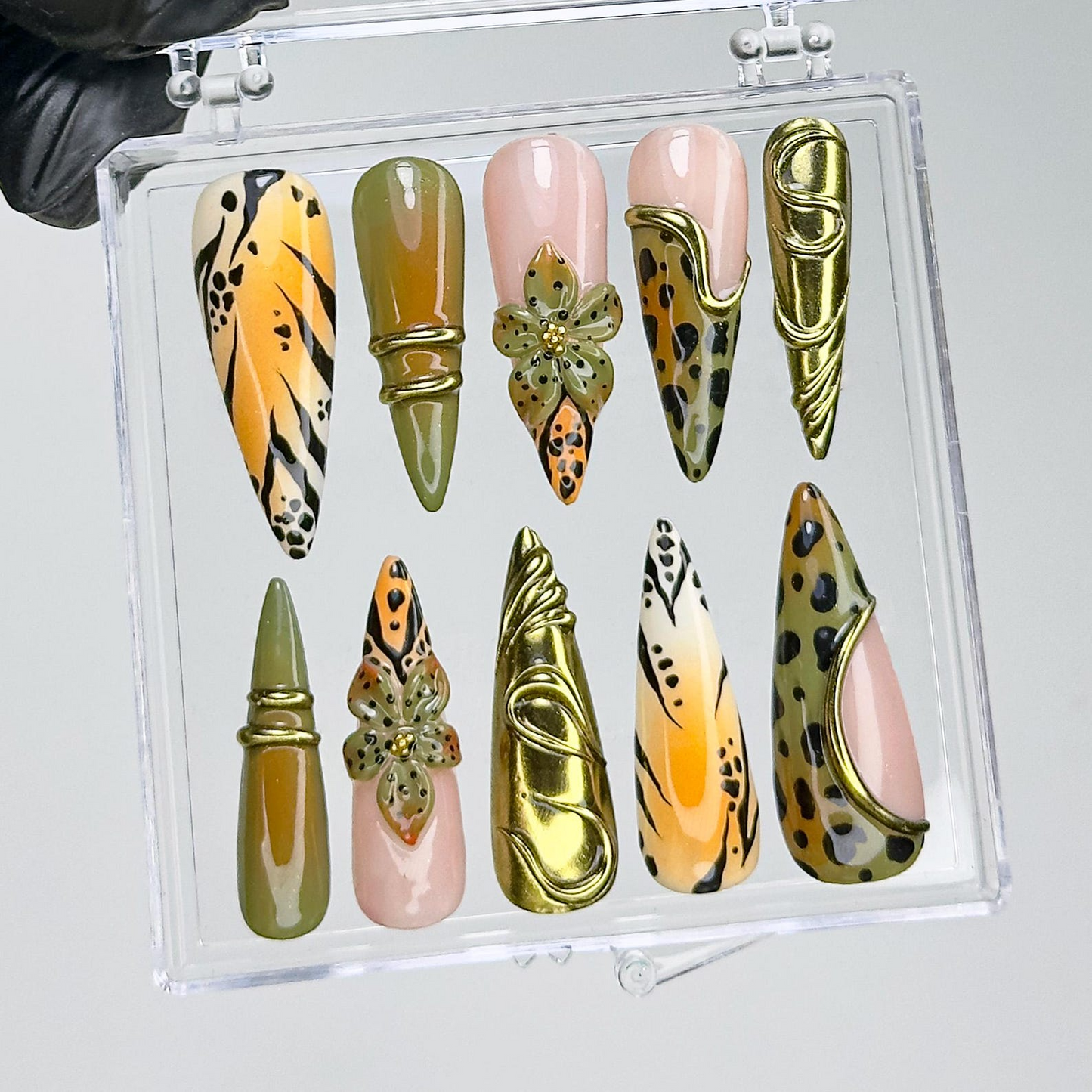 Jungle Safari Glam Press On Nails | Gold 3D Embellished Leopard Fake Nails | Olive & Mustard Animal Print Nail Art | Exotic Nails | HB733YK