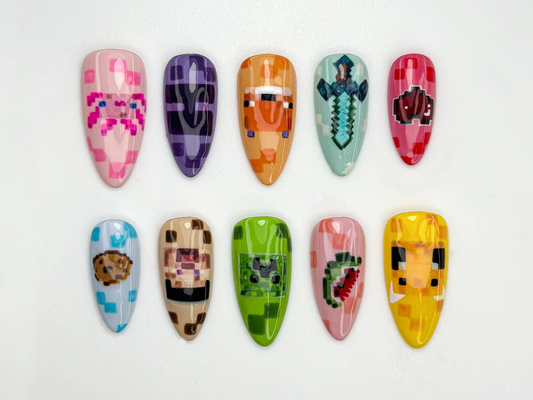 Minecraft Game Press On Nails | Pixel Game Nail Art | Cute Pixel Sword & Mob Nails | Gamer Girl Press Ons | Fun Geeky Gaming Nails | JA810HC