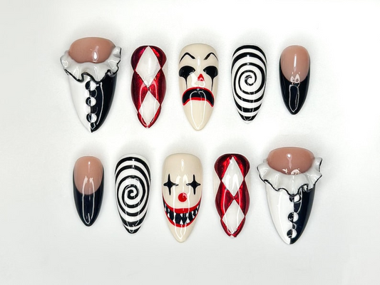 Creepy Clown Carnival Press On Nails | Horror-Inspired Clown Nail Art | Spooky Halloween Nail Set | Handmade Clown Face Nails | JB178HC