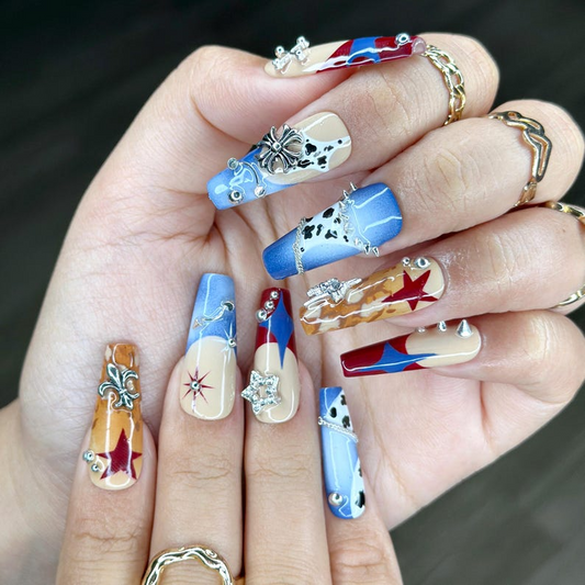 Western Cowboy Press On Nails | Red Star & Blue Denim Nail Art | Cow Print Patchwork Fake Nails | Rodeo Festival Press Ons | HC342YP