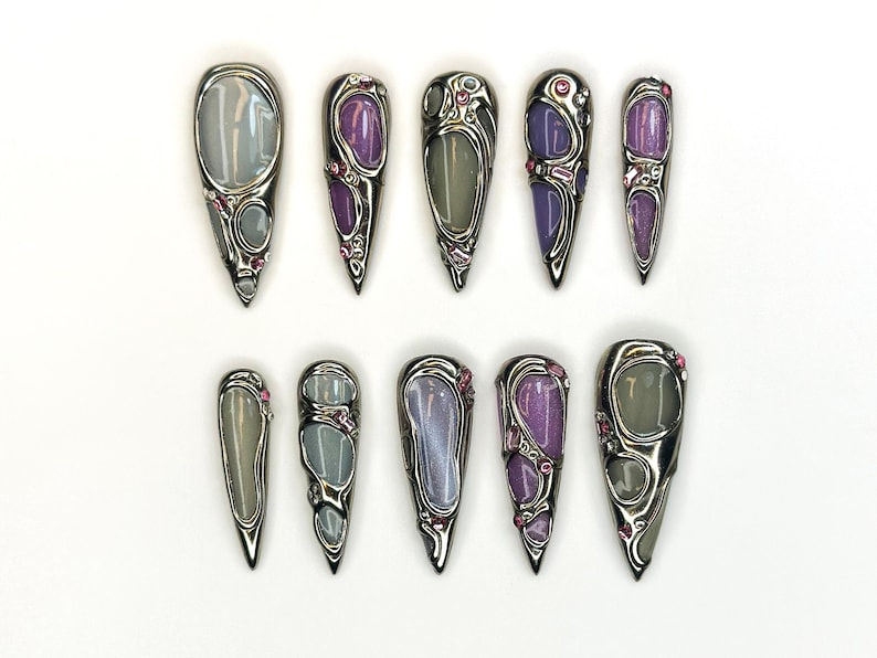 Futuristic Metallic Press On Nails | Silver Frame Nail Art | Gemstone Inspired Handmade Nails | Gray & Purple Luxury Nail Set | HC1158BC