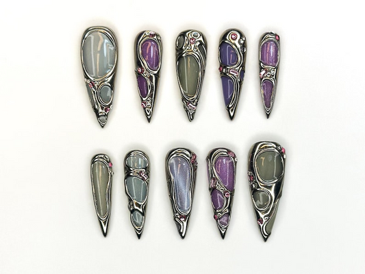 Futuristic Metallic Press On Nails | Silver Frame Nail Art | Gemstone Inspired Handmade Nails | Gray & Purple Luxury Nail Set | HC1158BC