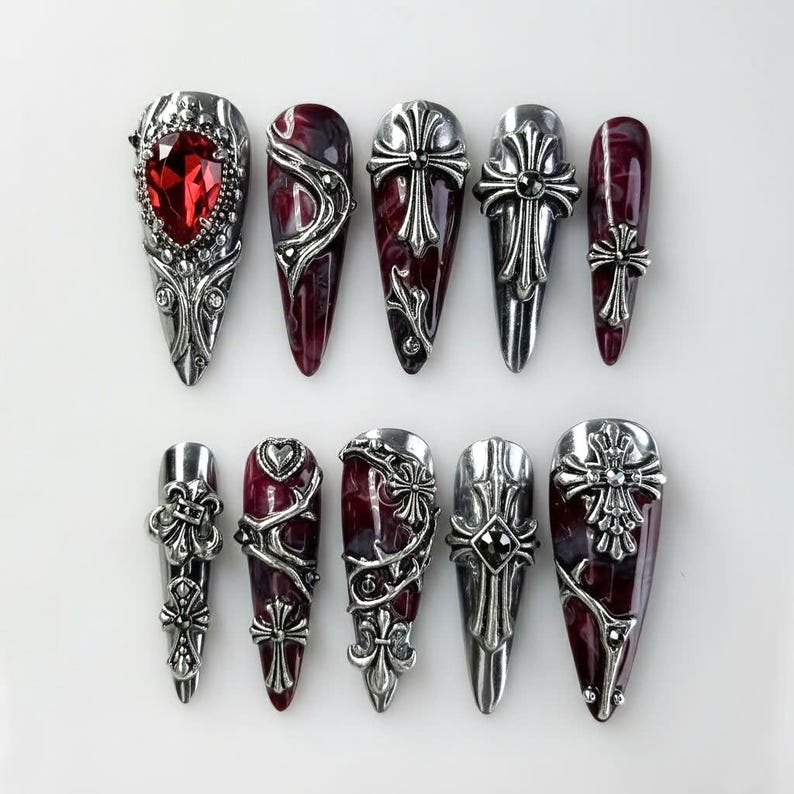Gothic Blood Cross Press On Nails | Dark Red Medieval Nails | Silver Armor Nail Art | Gothic Cross Statement Nails | JB265EK
