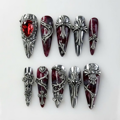 Gothic Blood Cross Press On Nails | Dark Red Medieval Nails | Silver Armor Nail Art | Gothic Cross Statement Nails | JB265EK