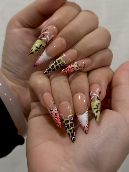 Modern Garden French Press On Nails | Playful Floral & Polka Dot Nails | Luxury Nude Base Press Ons | Playful Garden Nail Art | HC1273EC